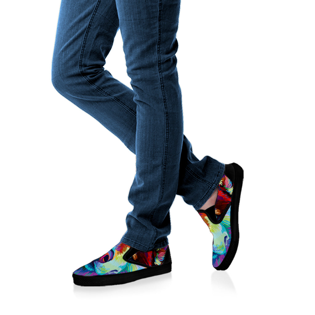 Colorful Siberian Husky Print Black Slip On Shoes
