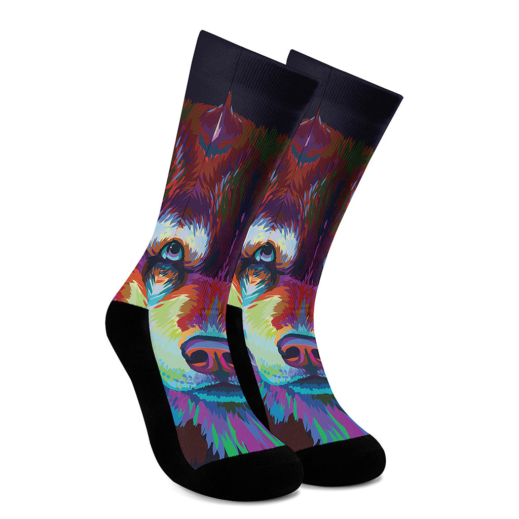 Colorful Siberian Husky Print Crew Socks
