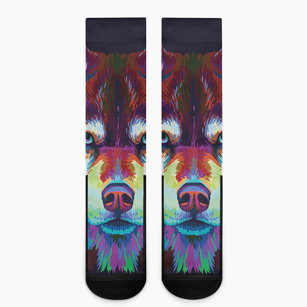 Colorful Siberian Husky Print Crew Socks