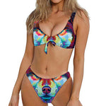 Colorful Siberian Husky Print Front Bow Tie Bikini