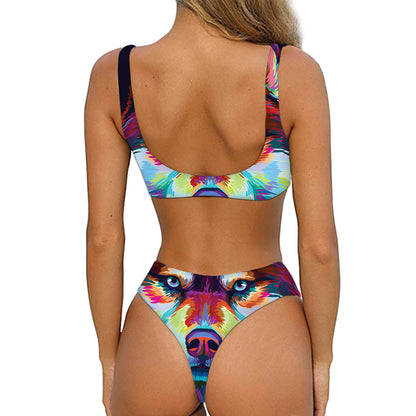 Colorful Siberian Husky Print Front Bow Tie Bikini