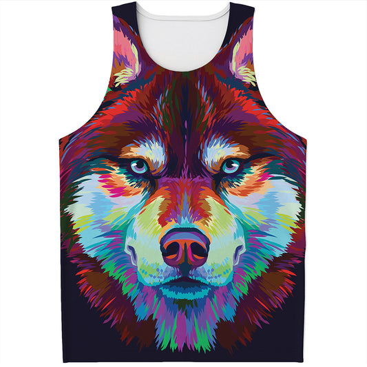 Colorful Siberian Husky Print Men's Tank Top