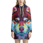 Colorful Siberian Husky Print Pullover Hoodie Dress