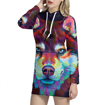 Colorful Siberian Husky Print Pullover Hoodie Dress