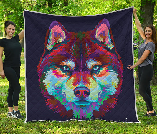 Colorful Siberian Husky Print Quilt