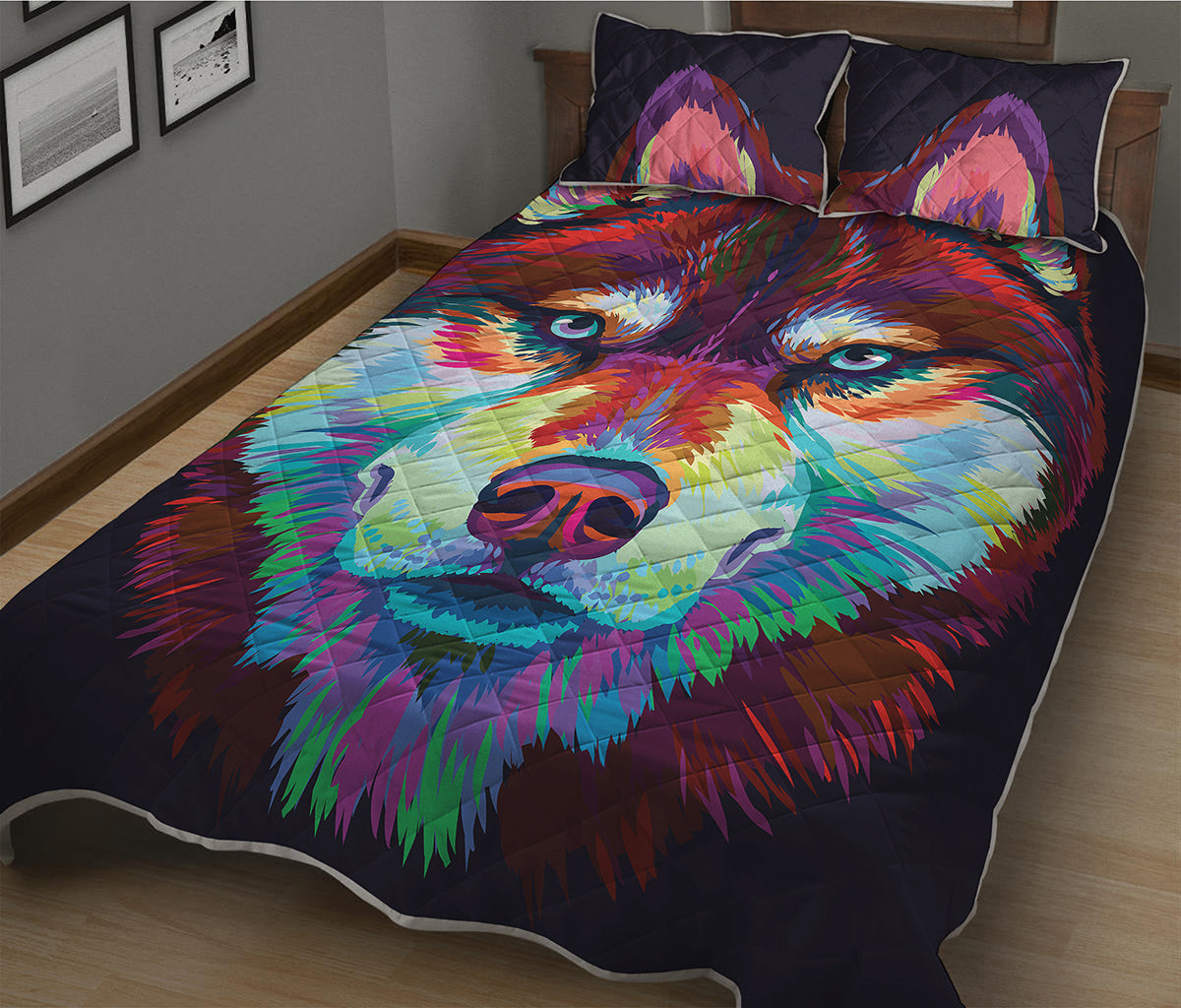 Colorful Siberian Husky Print Quilt Bed Set