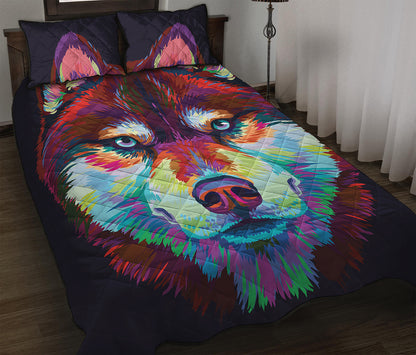 Colorful Siberian Husky Print Quilt Bed Set
