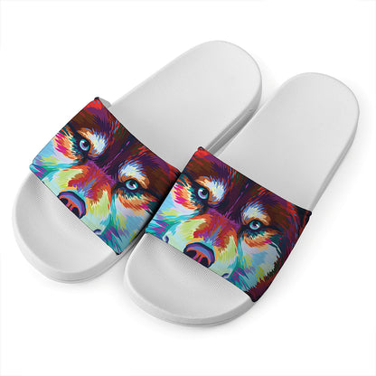 Colorful Siberian Husky Print White Slide Sandals