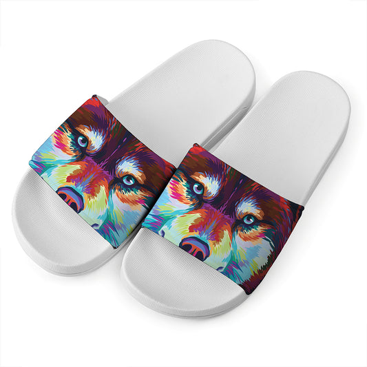 Colorful Siberian Husky Print White Slide Sandals