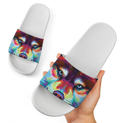 Colorful Siberian Husky Print White Slide Sandals