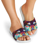 Colorful Siberian Husky Print White Slide Sandals
