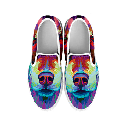 Colorful Siberian Husky Print White Slip On Shoes