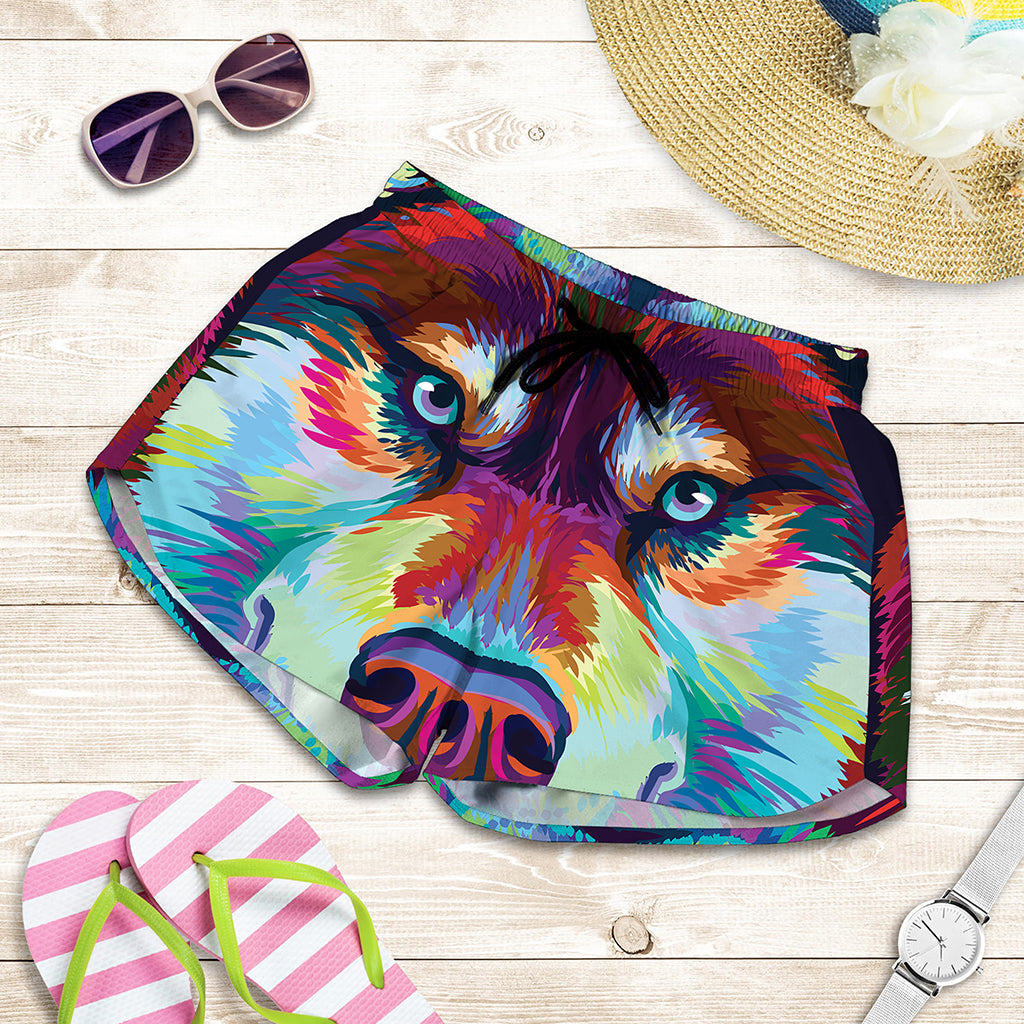 Colorful Siberian Husky Print Women's Shorts