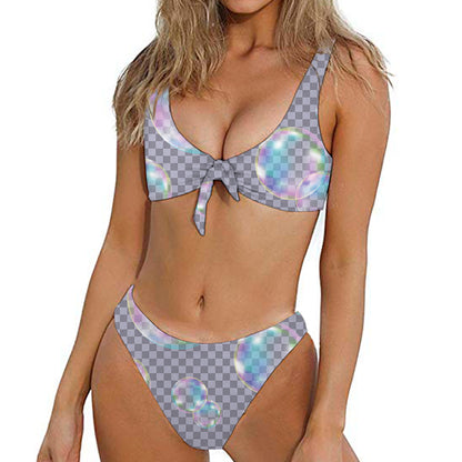 Colorful Soap Bubble Print Front Bow Tie Bikini