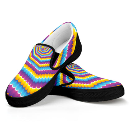 Colorful Spiral Illusion Print Black Slip On Shoes