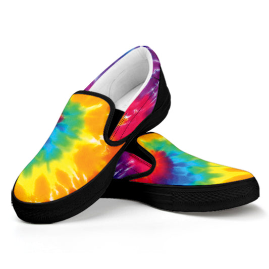 Colorful Spiral Tie Dye Print Black Slip On Shoes