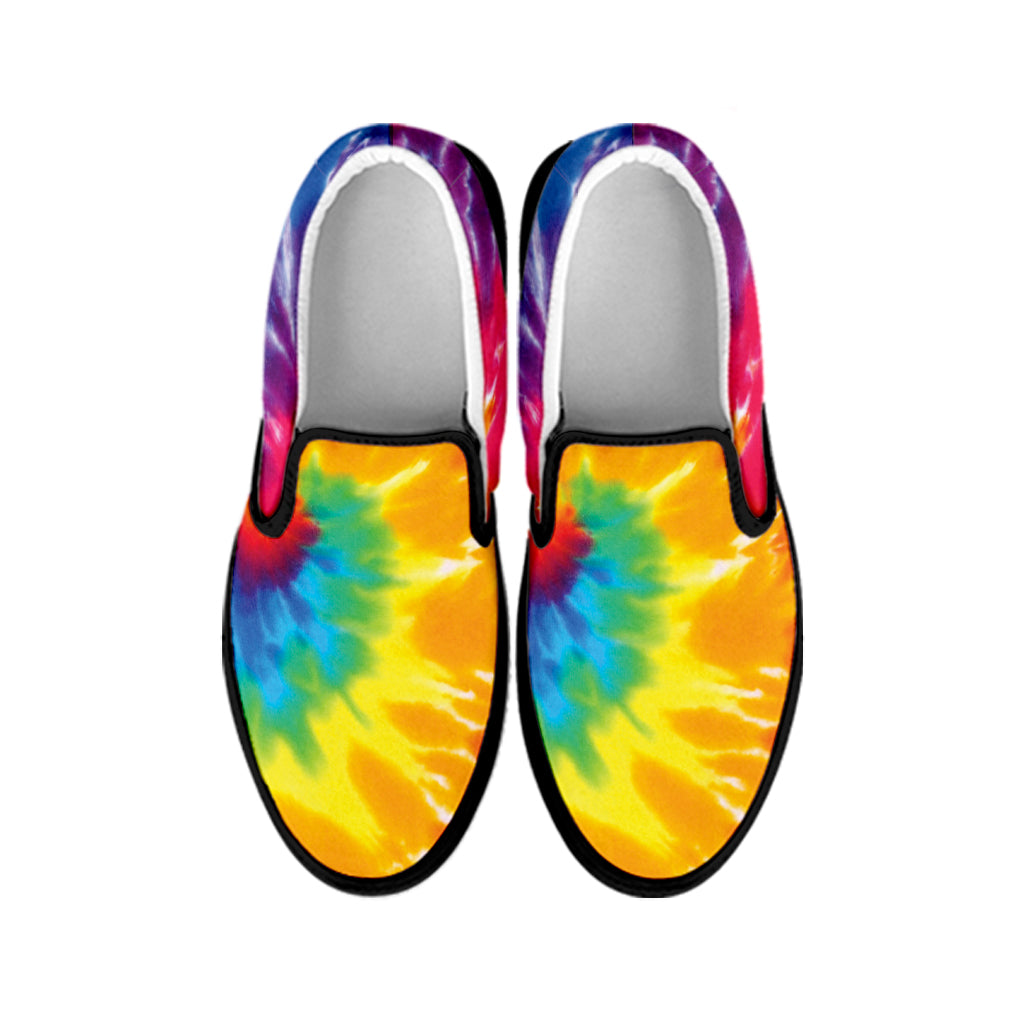 Colorful Spiral Tie Dye Print Black Slip On Shoes