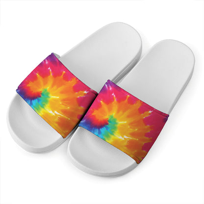 Colorful Spiral Tie Dye Print White Slide Sandals