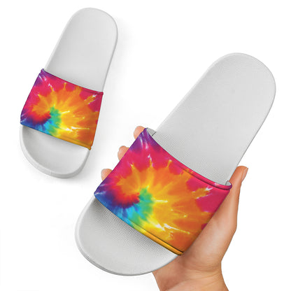Colorful Spiral Tie Dye Print White Slide Sandals