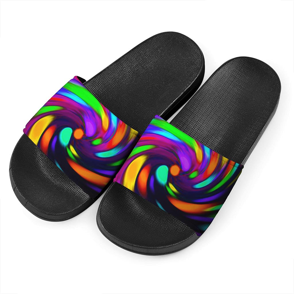 Colorful Spiral Trippy Print Black Slide Sandals