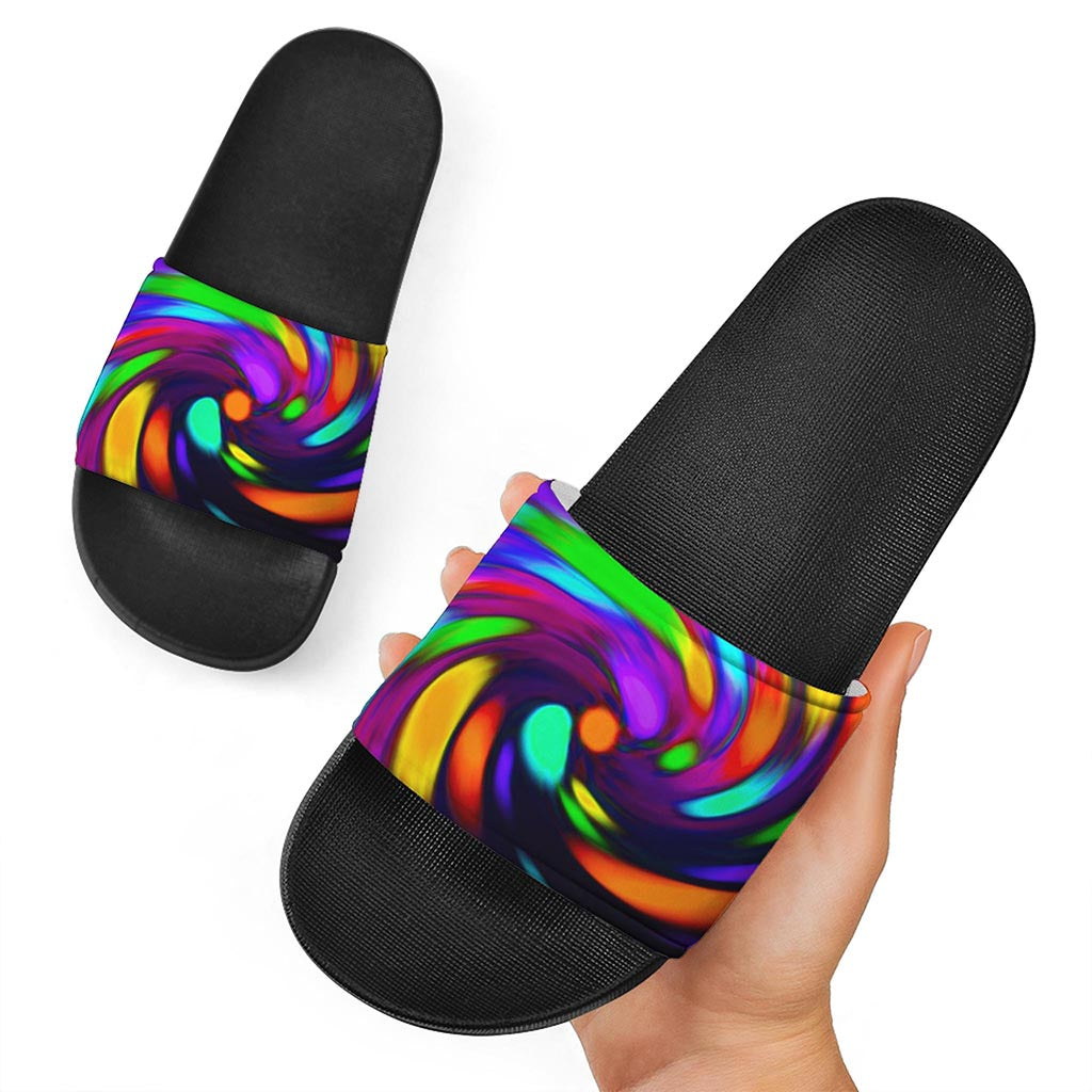 Colorful Spiral Trippy Print Black Slide Sandals