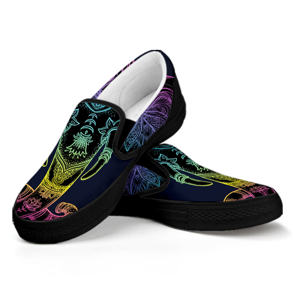 Colorful Spiritual Elephant Print Black Slip On Shoes