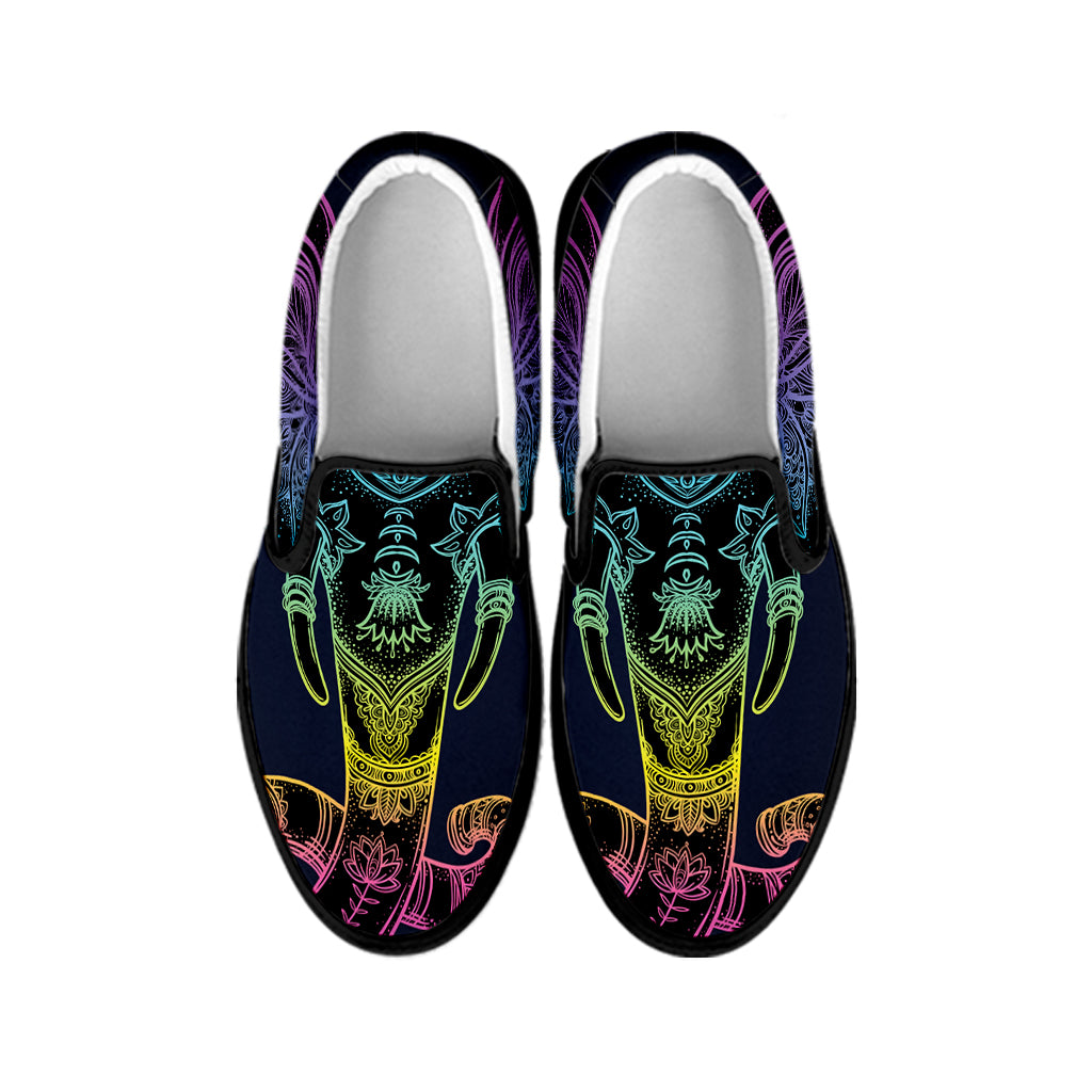 Colorful Spiritual Elephant Print Black Slip On Shoes