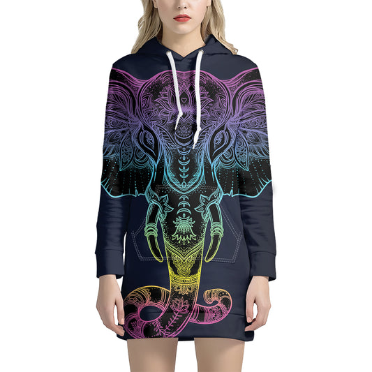Colorful Spiritual Elephant Print Pullover Hoodie Dress