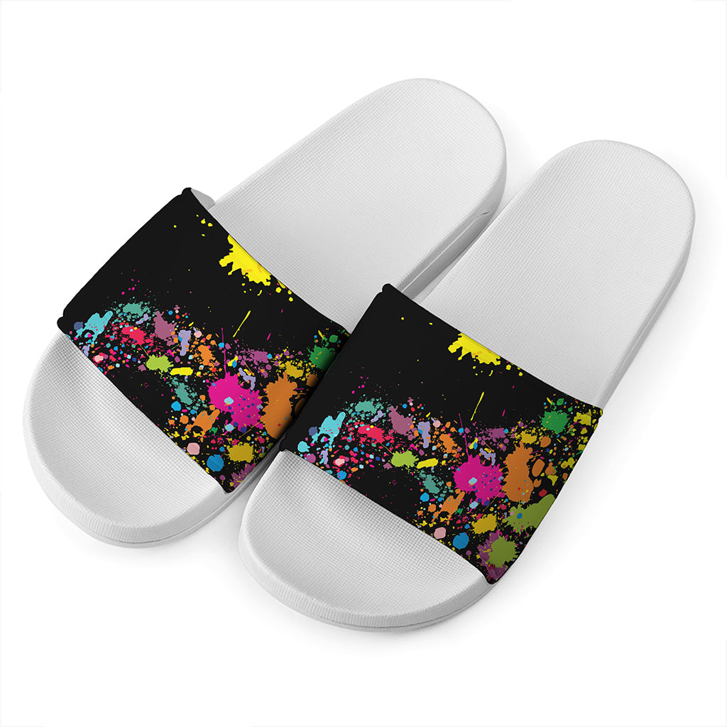 Colorful Splash Yin Yang Print White Slide Sandals