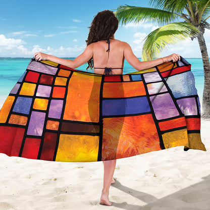 Colorful Stained Glass Mosaic Print Beach Sarong Wrap