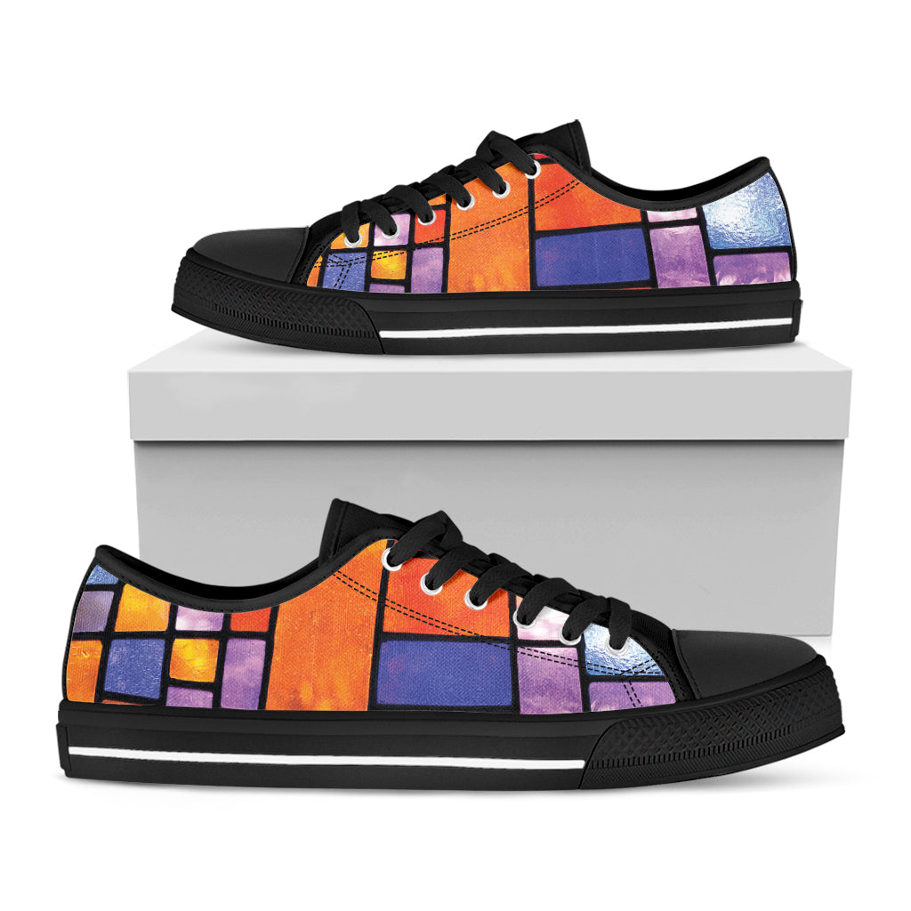 Colorful Stained Glass Mosaic Print Black Low Top Shoes