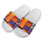 Colorful Stained Glass Mosaic Print White Slide Sandals