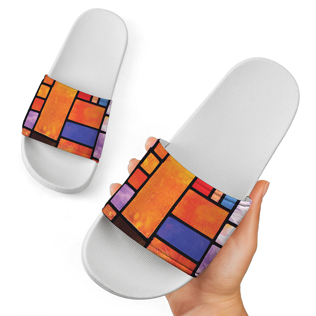 Colorful Stained Glass Mosaic Print White Slide Sandals