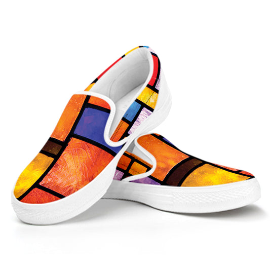 Colorful Stained Glass Mosaic Print White Slip On Shoes