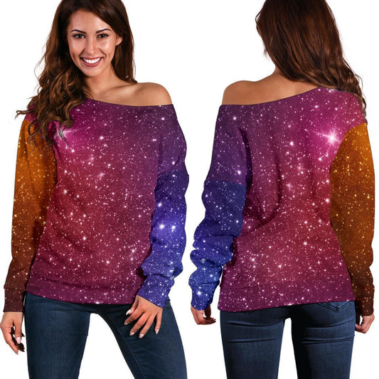 Colorful Stardust Galaxy Space Print Off Shoulder Sweatshirt GearFrost