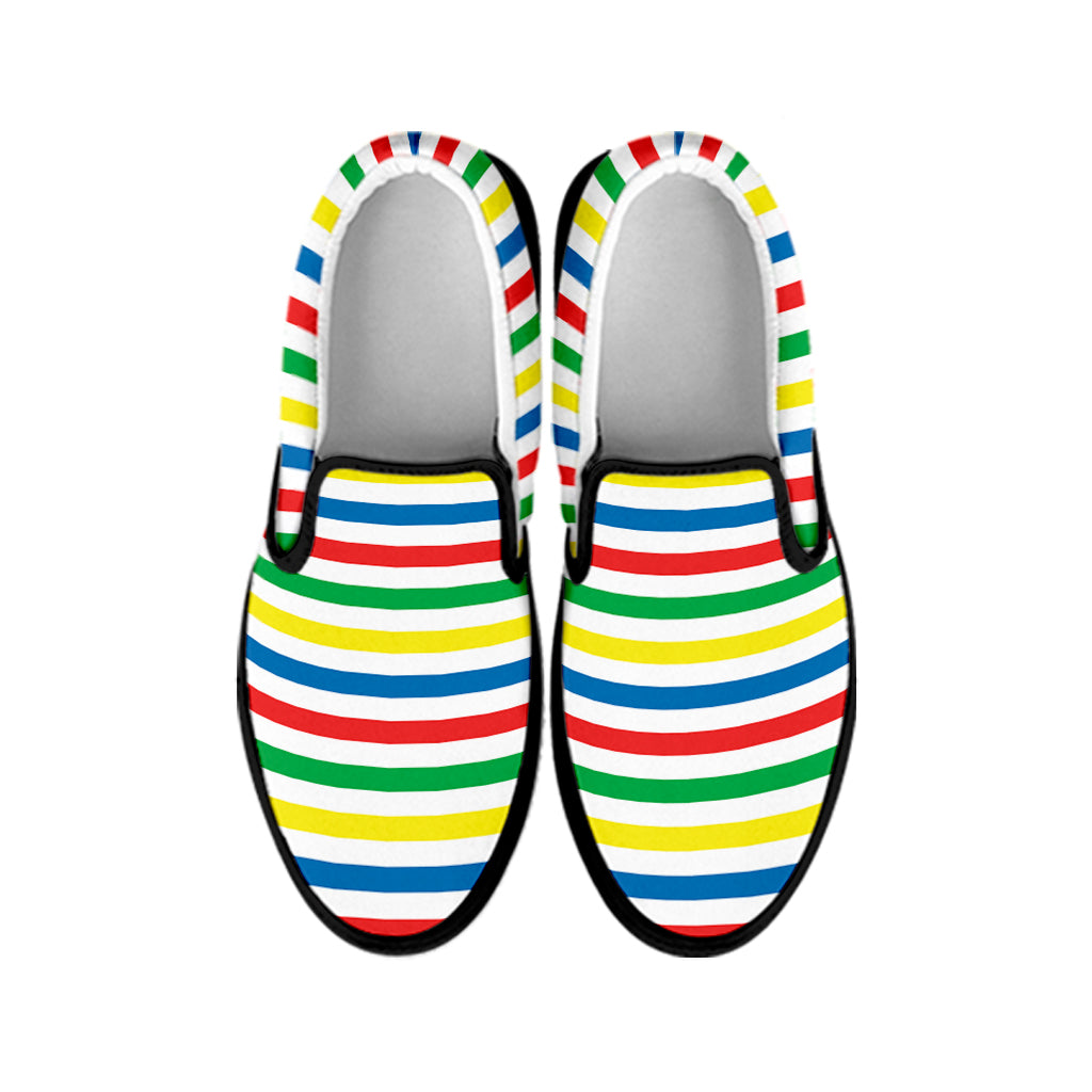 Colorful Striped Pattern Print Black Slip On Shoes
