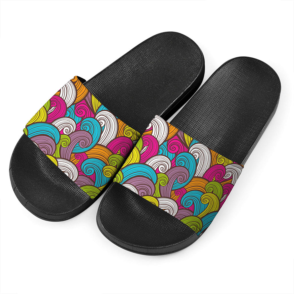 Colorful Surfing Wave Pattern Print Black Slide Sandals