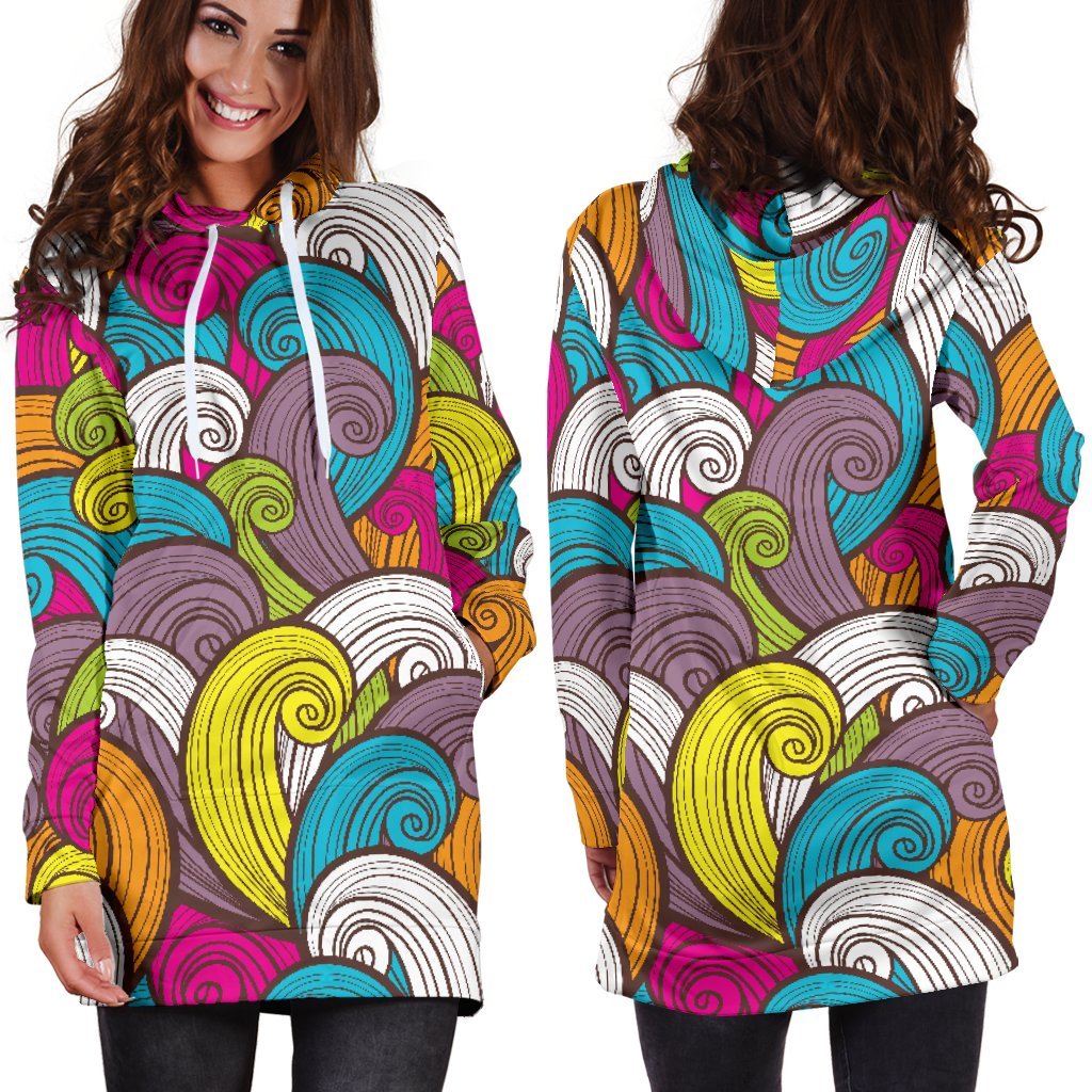 Colorful Surfing Wave Pattern Print Hoodie Dress GearFrost
