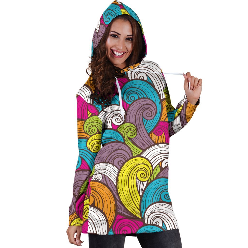 Colorful Surfing Wave Pattern Print Hoodie Dress GearFrost