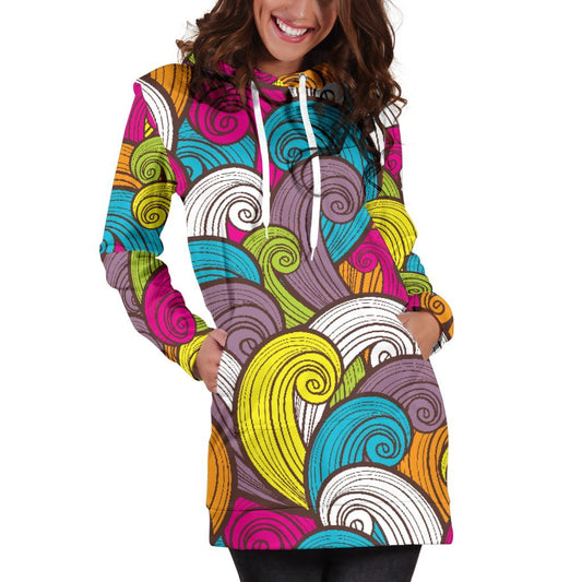 Colorful Surfing Wave Pattern Print Hoodie Dress GearFrost