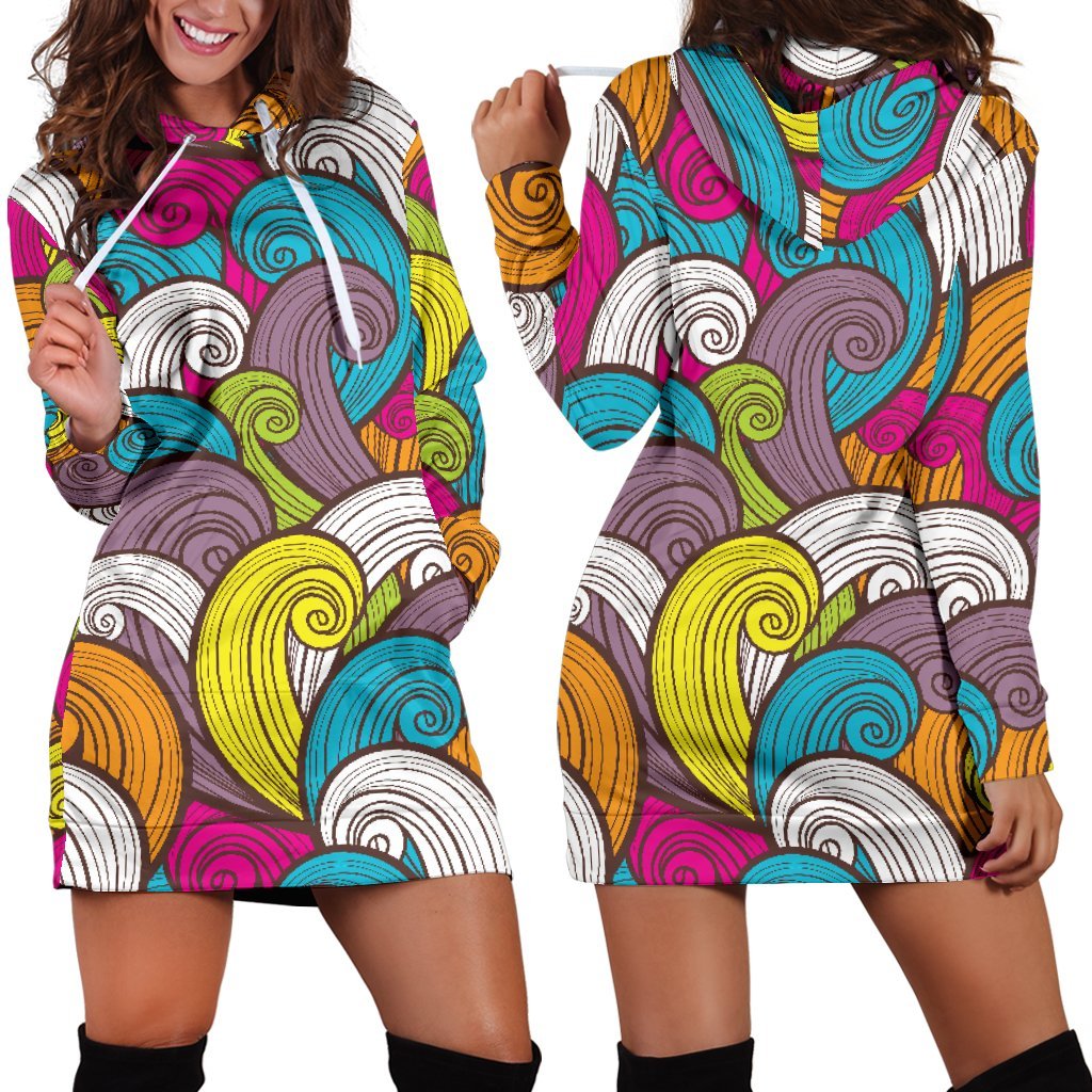 Colorful Surfing Wave Pattern Print Hoodie Dress GearFrost