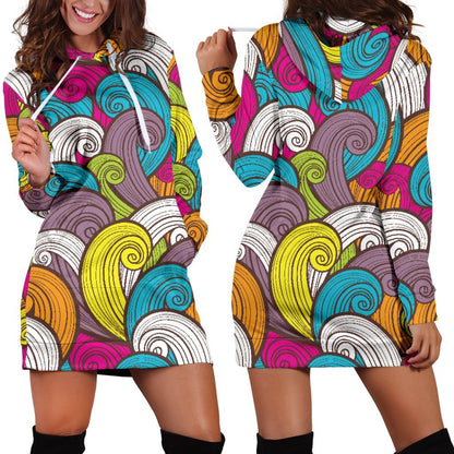 Colorful Surfing Wave Pattern Print Hoodie Dress GearFrost