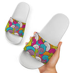 Colorful Surfing Wave Pattern Print White Slide Sandals