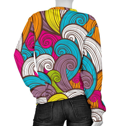 Colorful Surfing Wave Pattern Print Women's Crewneck Sweatshirt GearFrost