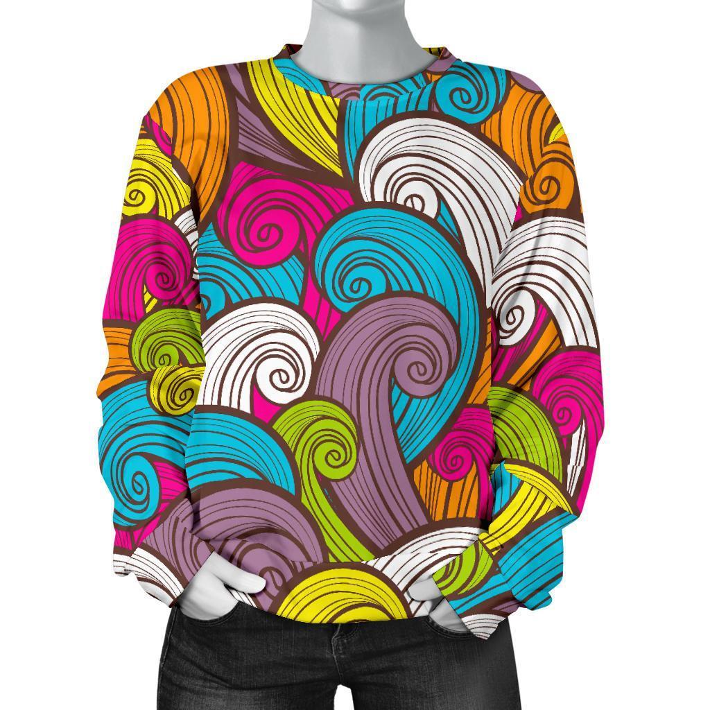 Colorful Surfing Wave Pattern Print Women's Crewneck Sweatshirt GearFrost