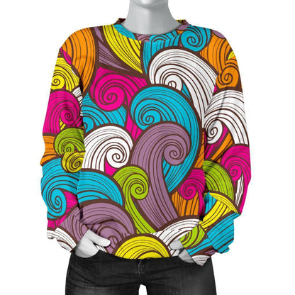 Colorful Surfing Wave Pattern Print Women's Crewneck Sweatshirt GearFrost
