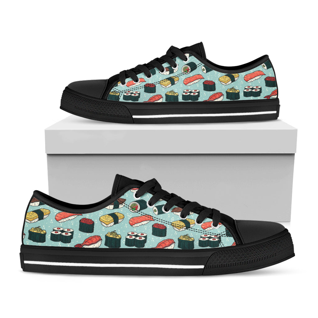 Colorful Sushi And Rolls Pattern Print Black Low Top Shoes