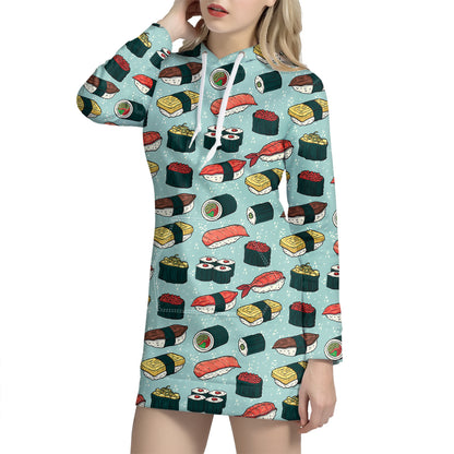 Colorful Sushi And Rolls Pattern Print Hoodie Dress