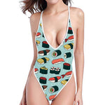 Colorful Sushi And Rolls Pattern Print One Piece High Cut Swimsuit