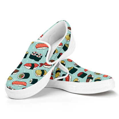 Colorful Sushi And Rolls Pattern Print White Slip On Shoes